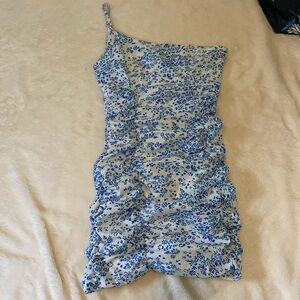 SHEIN White One-Shoulder Dress with Blue Floral Print